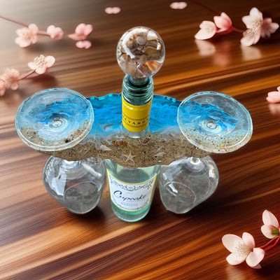 🌊 Ocean Resin Wine Gift Set — Wine Holder, Seashell Stopper & Glasses