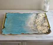 Ocean Blue & Gold Resin Serving Tray with Handles – Handmade Coastal Décor