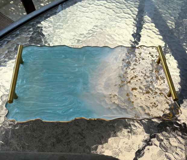 Ocean Blue & Gold Resin Serving Tray with Handles – Handmade Coastal Décor