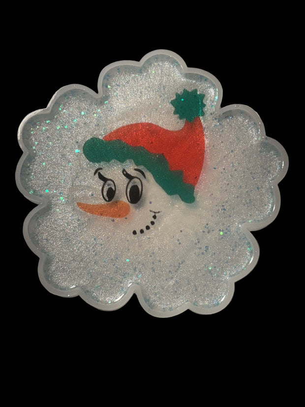 Handmade Glitter Snowman Resin Coaster – Festive Winter Home Déco
