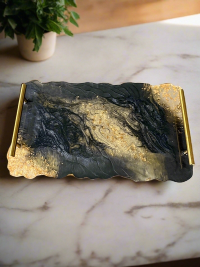 Luxury Black & Gold Resin Serving Tray with Handles – Handmade Decorative Tray