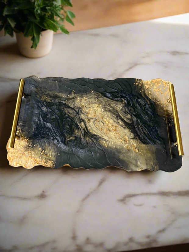 Luxury Black & Gold Resin Serving Tray with Handles – Handmade Decorative Tray