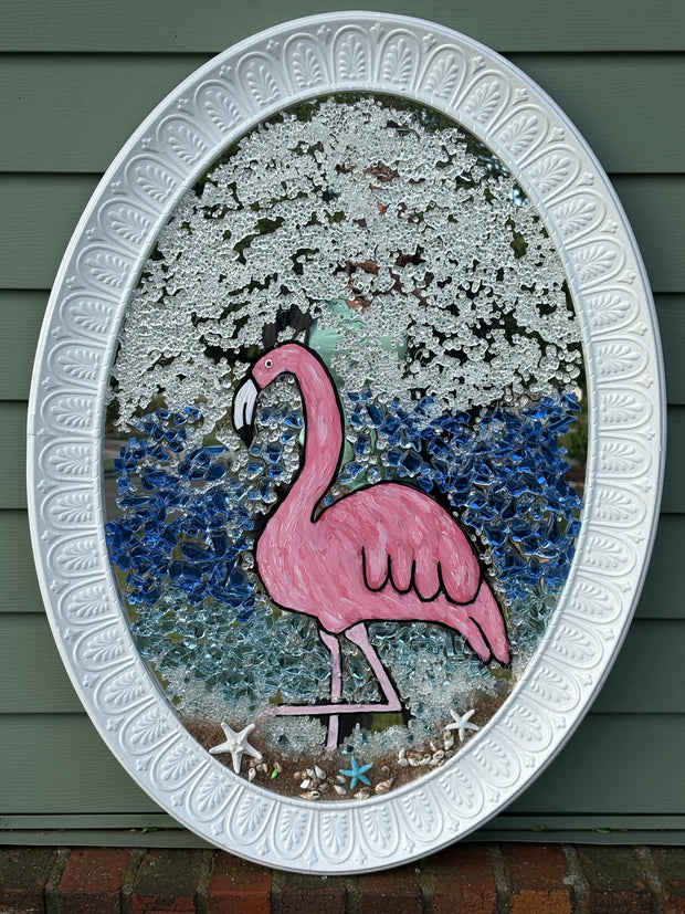 Pink Flamingo Coastal Art – Crushed Glass Ocean & Seashell Accents