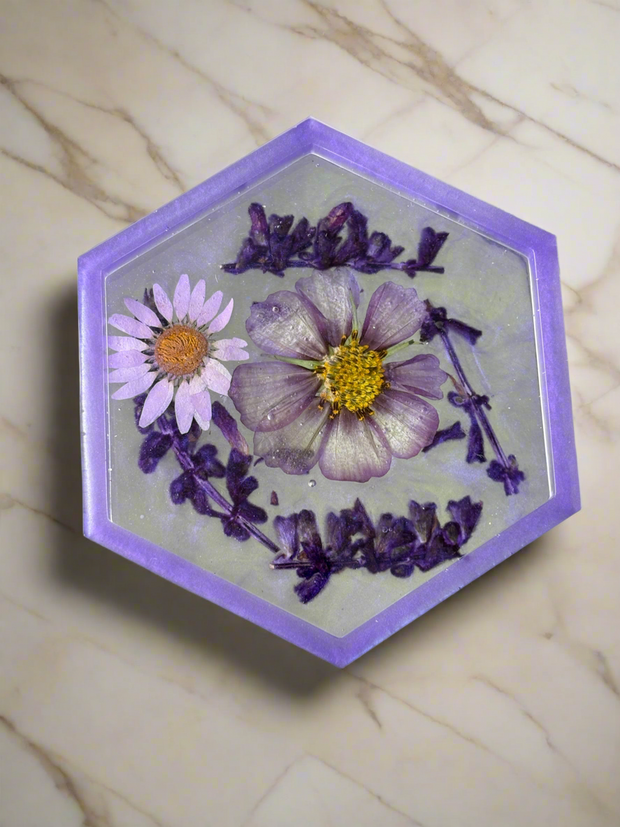 Handmade Hexagon Resin Tray with Pressed Flowers