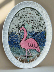 Pink Flamingo Coastal Art – Crushed Glass Ocean & Seashell Accents