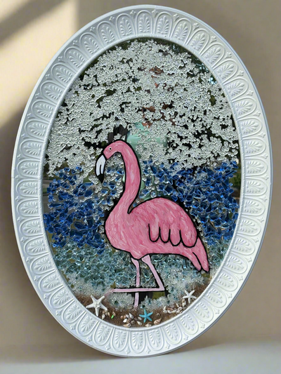 Pink Flamingo Coastal Art – Crushed Glass Ocean & Seashell Accents