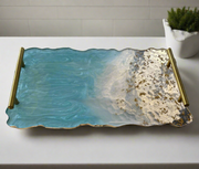 Ocean Blue & Gold Resin Serving Tray with Handles – Handmade Coastal Décor